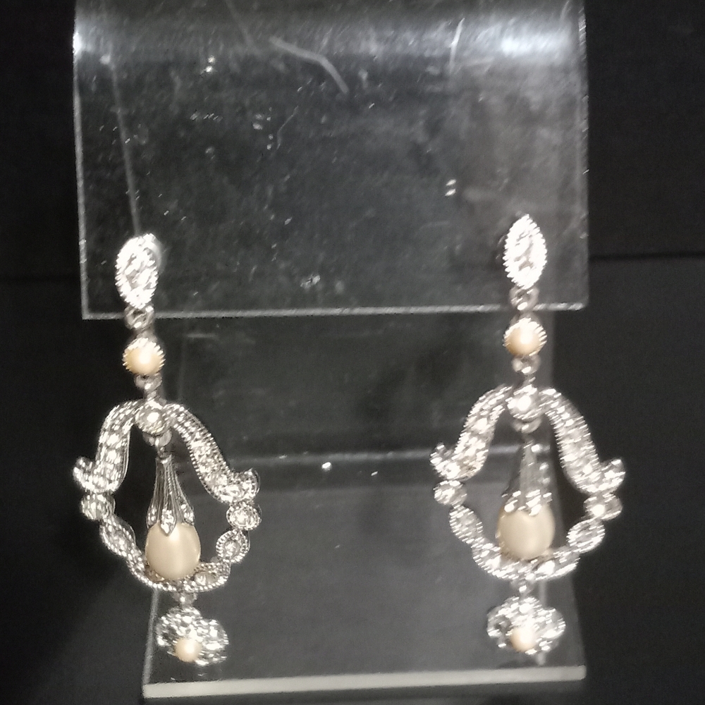 Silver Tone crystal & faux pearl chandelier earrings